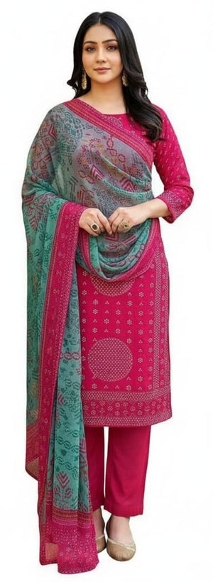 DRAVINAM Trends Women's Unstitched Salwar Suit Dress Material - Pure Cotton Print with Mirror Work Kameez | Plain Bottom |Chiffon Print Dupatta