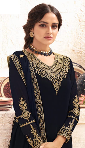 DRAVINAM Trends Women's Heavy Embroidered Pure Georgette Unstitched Chudidar Dress Material with Georgette Embroidered Dupatta (Free size_Navy Blue)