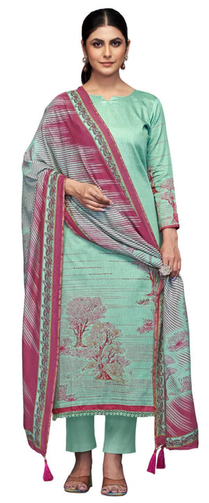 Women's Unstitch Premium Maslin Suit Dress Material II Digital Printed Pure Maslin Top Fabric with Hand work & Gota Detailing II Viscose Rayon Bottom II Digital Printed Viscose Maslin Dupatta