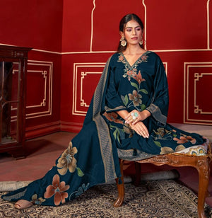 DRAVINAM Trends Women's Winter Wear Unstitched Digital Floral Printed Embroidered Viscose Pashmina Woollen Salwar Suit Dress Material with Pashmina Digital Printed Brasso Shawl Dupatta