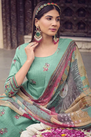 DRAVINAM Trends Unstitched Printed Mirror Work Cotton Salwar Suits Dress Material with Chiffon Dupatta (Green)