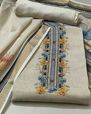 DRAVINAM Trends Women's Tissue Silk Embroidered Unstitched Suit Set with Shantoon Bottom & Dupatta