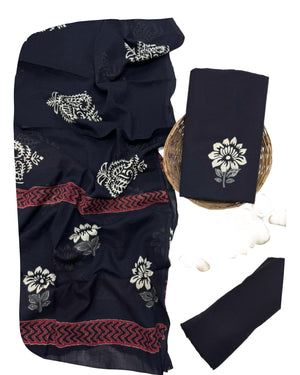 DRAVINAM Trends Hand Block Print Sanganeri Cambric Unstitched Cotton Suit Dress Material for Women with Mulmul Cotton Hand Printed Dupatta