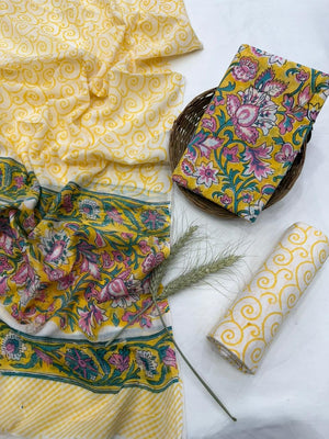 DRAVINAM Trends Hand Block Print Jaipuri Cambric Unstitched Cotton Suit Dress Material for Women with Mulmul Cotton Hand Printed Dupatta