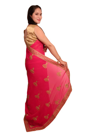 DRAVINAM Trends Women's Pure Georgette Zari embroidered Saree with Blouse Piece (Magenta)