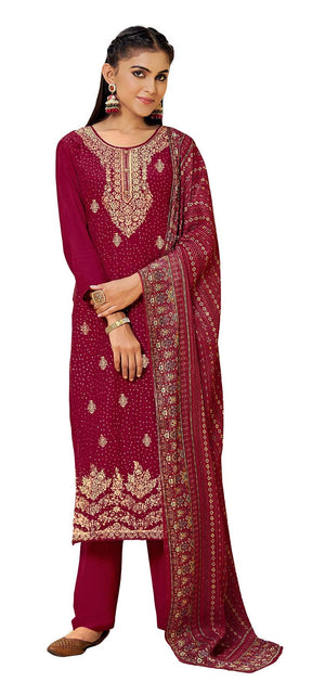 DRAVINAM Trends Women's Pure Jacquard heavy sequence work Pakistani salwar suit material with pure georgette digital printed and embroidered heavy dupatta (Wine)