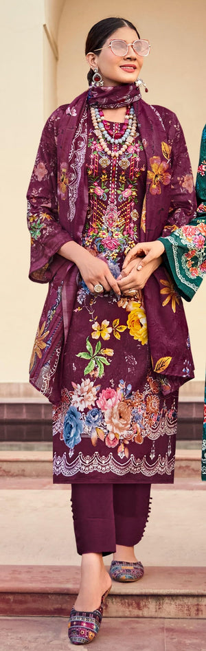DRAVINAM Trends Lawn Cotton Pakistani Embroidered Suit Dress Material with Unstitched Bottoms and Cotton Dupatta
