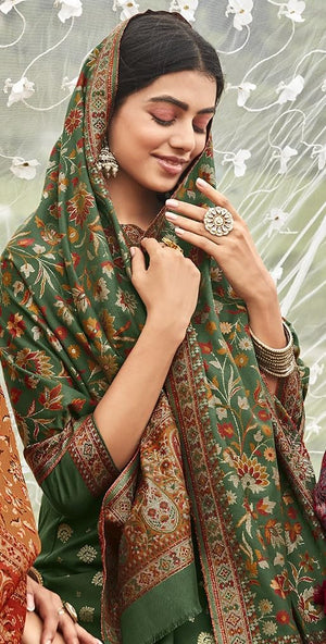 DRAVINAM Trends Women's Unstitched kanni Weaving Jacquard Woollen Pashmina Salwar Kameez Dress Material with Pure Wool Pashmina Kaani Weaving Shawl Dupatta (Free Size)
