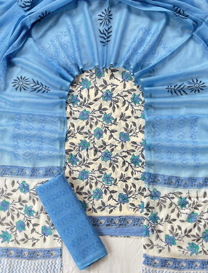 DRAVINAM Trends Hand Block Print Sanganeri Cambric Unstitched Cotton Suit Dress Material for Women with Mulmul Cotton Hand Printed Dupatta