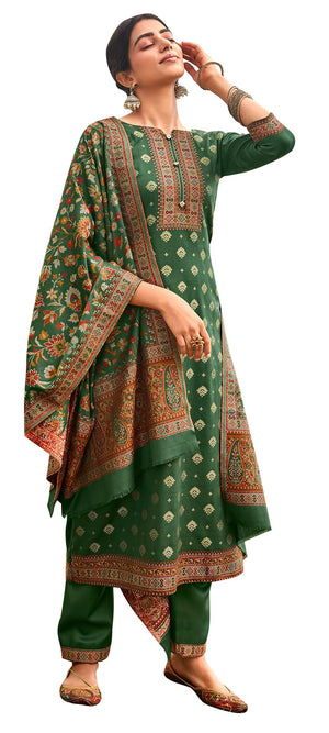 DRAVINAM Trends Women's Unstitched kanni Weaving Jacquard Woollen Pashmina Salwar Kameez Dress Material with Pure Wool Pashmina Kaani Weaving Shawl Dupatta (Free Size)