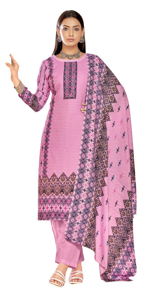 DRAVINAM Trends Women's Border Printed Pashmina Unstitch Winter Wear Salwar Suit Dress Material with Swaroski Work – Comes with Spun Dyed Bottom & Soft Woolen Shawl Dupatta