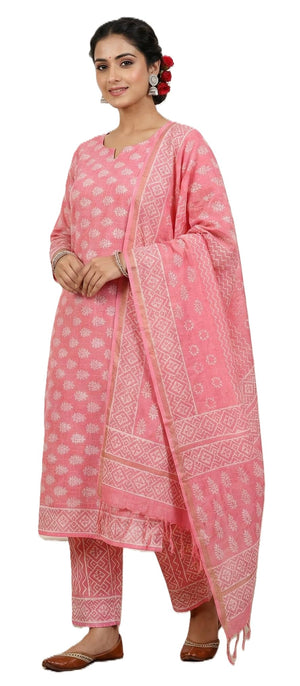 DRAVINAM Trends Jaipuri Hand Block Print Pure Kota Doriya Unstitched Suit Dress Material with Kota Doriya Hand Printed Dupatta