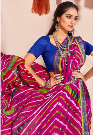DRAVINAM Trends Women's Pure Georgette Lehriya Print Jaipuri Saree with Blouse Piece (Dark Red Peach and Yellow)