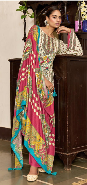 DRAVINAM Trends Women's Winter Wear Unstitched Digital Kani Printed Viscose Pashmina Woollen Salwar Suit Dress Material with Khatli Work Foil touchup and Pashmina Digital Printed Shawl Dupatta