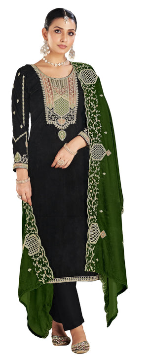 DRAVINAM Trends Women's Unstitch Premium Velvet Fancy Embroidery Winter Wear Salwar Suit Material With Unstitch Bottoms and Piping Dupatta