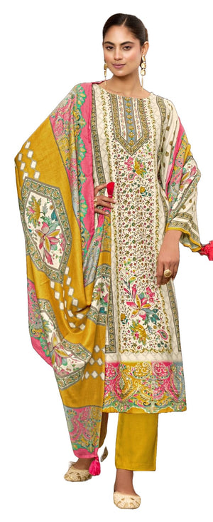 DRAVINAM Trends Women's Winter Wear Unstitched Digital Kani Printed Viscose Pashmina Woollen Salwar Suit Dress Material with Khatli Work Foil touchup and Pashmina Digital Printed Shawl Dupatta