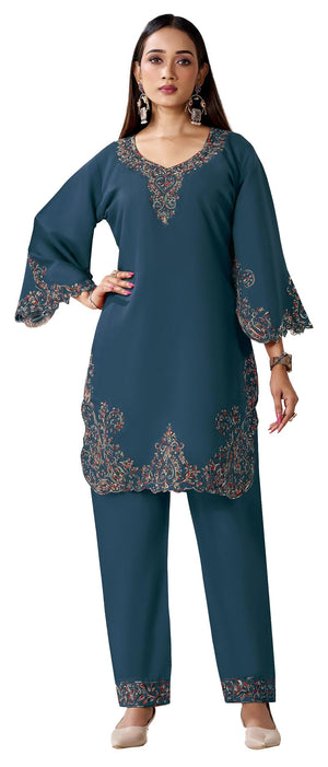 DRAVINAM Trends Women's Stitched Kashmiri Embroidered Pure Roman Silk Co-ord Set II Top II Pants (L / 40)
