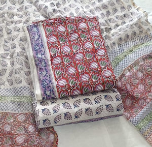 DRAVINAM Trends Sanganeri Hand Block Print Pure Cambric Unstitched Cotton Suit Dress Material with Kota Doriya Hand Printed Dupatta