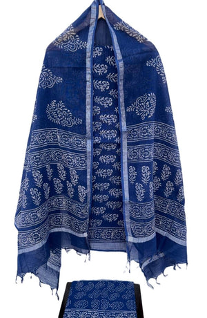 DRAVINAM Trends Hand Block Print Linen Cotton Unstitched Suit Dress Material for Women with Handloom Linen Cotton Hand Printed Dupatta