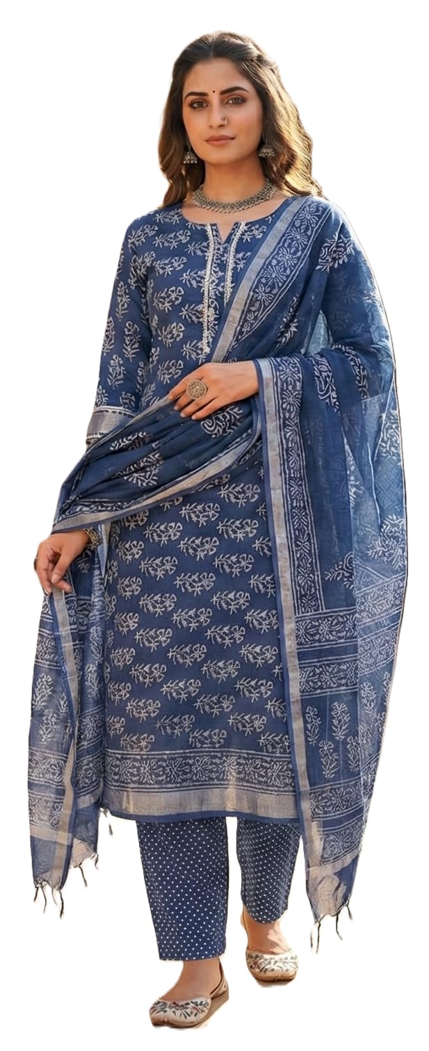 DRAVINAM Trends Hand Block Print Linen Cotton Unstitched Suit Dress Material for Women with Handloom Linen Cotton Hand Printed Dupatta