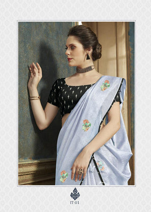 DRAVINAM Trends Women's Embroidered Khadi Linen Plain Saree with Ikat Printed Blouse Piece (Sky Blue and royal Blue)