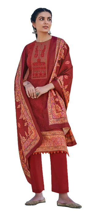 DRAVINAM Trends Women's Unstitched Woollen Pashmina Embroidered Salwar Suit Dress Material with Pashmina Printed Shawl Dupatta (Free size_Red)
