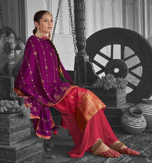 DRAVINAM Trends Women's Pure Banarasi Silk Jacquard Sequence embroidered Unstitched Salwar Suit Dress material with Chinon Silk Sequence and Embroidered Heavy Dupatta (Free size_Blue)