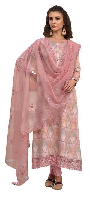 DRAVINAM Trends Women's Jam Cotton Digital Printed Plazzo Suit Dress Material with Embroidered Organza Dupatta (Pink)
