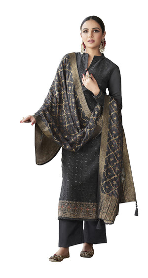 DRAVINAM Trends Women's Festival Tussar Satin Heavy Embroidered Suit Dress Material with Pure Dola Silk Jacquard Bandhani Style Digital Print with Fancy Latkan Dupatta (Grey)