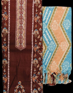 Women's Kashmiri Printed Pashmina Unstitch Salwar Suit Set – Includes 2.5 m Kameez, Heavy Spun Plain Bottom Fabric (Salwar, Pants, Dhoti, Palazzo, Chudidar Options), & 2.25 m Printed Shawl/Dupatta