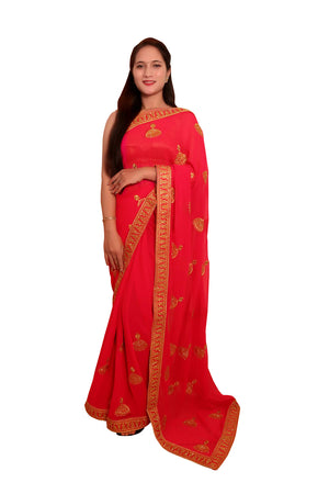 DRAVINAM Trends Women's Pure Georgette Zari embroidered Saree with Blouse Piece (Magenta)
