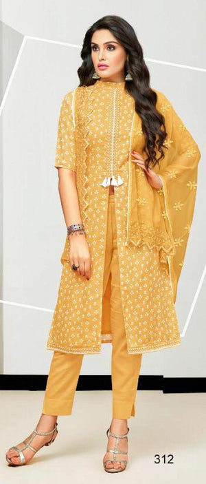 DRAVINAM Trends Women's Unstitched Cotton Printed Salwar Suit Dress Material with embroidered Nazmeen Dupatta (Free size_Light Orange)