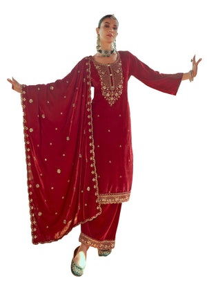 DRAVINAM Trends Women's Red Velvet Embroidered Salwar Suit Dress Material with Dupatta and Unstitched Bottoms