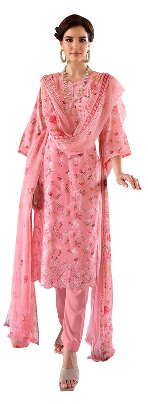 DRAVINAM Trends Unstitched Printed Embroidery Work Cotton Salwar Suits Dress Material with Chiffon Dupatta (Pink)