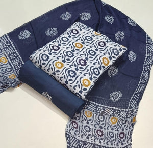 DRAVINAM Trends Unstitched Jaipuri Handmade Wax Batik Print Premium Cotton Dress Material with Pure Chiffon Dupatta