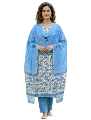 DRAVINAM Trends Hand Block Print Sanganeri Cambric Unstitched Cotton Suit Dress Material for Women with Mulmul Cotton Hand Printed Dupatta
