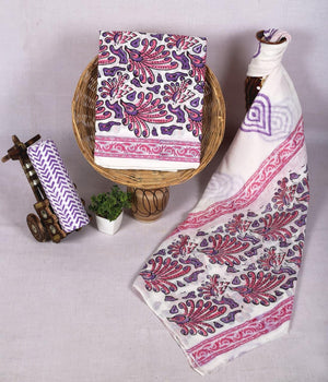 DRAVINAM Trends Hand Block Print Sanganeri Cambric Unstitched Cotton Suit Dress Material for Women with Mulmul Cotton Hand Printed Dupatta