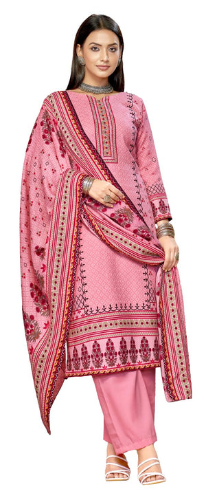 DRAVINAM Trends Women's Border Printed Pashmina Unstitch Winter Wear Salwar Suit Dress Material with Swaroski Work – Comes with Spun Dyed Bottom & Soft Woolen Shawl Dupatta