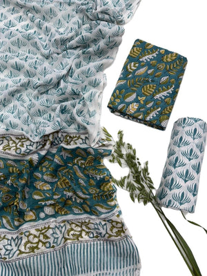 DRAVINAM Trends Hand Block Dabu Print Indigo Cambric Unstitched Cotton Suit Dress Material for Women with Mulmul Cotton Hand Printed Dupatta