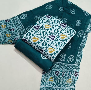 DRAVINAM Trends Unstitched Jaipuri Handmade Wax Batik Print Premium Cotton Dress Material with Pure Chiffon Dupatta