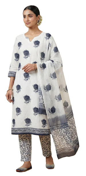 DRAVINAM Trends Hand Block Print Sanganeri Cambric Unstitched Cotton Suit Dress Material for Women with Mulmul Cotton Hand Printed Dupatta