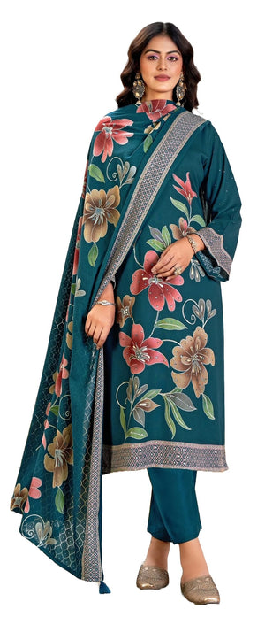 DRAVINAM Trends Complete Unstitch Pashmina Suit Set: Pure Viscose Pashmina Foil Print Top with Fancy Embroidery (2.5 m) II Solid Bottoms (2.8 m) II Digital Print Shawl Dupatta (2.25 m)