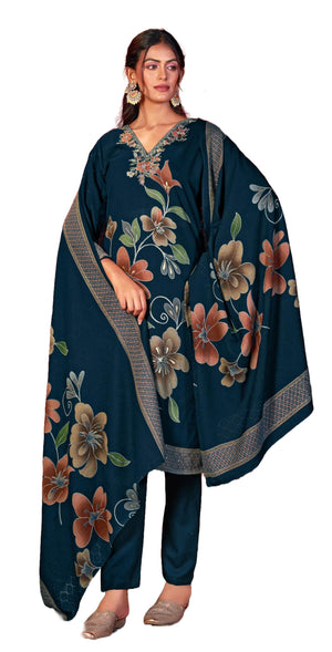 DRAVINAM Trends Women's Winter Wear Unstitched Digital Floral Printed Embroidered Viscose Pashmina Woollen Salwar Suit Dress Material with Pashmina Digital Printed Brasso Shawl Dupatta