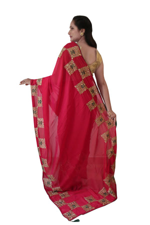 DRAVINAM Trends Women's Stone Work Vichitra Silk Saree with Unstitched Blouse Piece