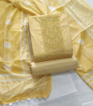 DRAVINAM Trends Women's Premium Cotton Jaipuri Printed Embroidered and Hand Work Unstitched Salwar Suit Dress Material with Mulmul Cotton Dupatta