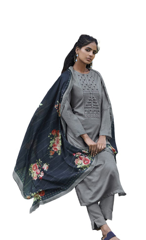 DRAVINAM Trends Women's winter wear pure pashmina wool embroidered dress material with digital print shawl dupatta (grey)