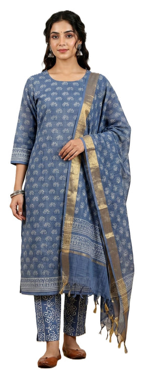 DRAVINAM Trends Jaipuri Hand Block Print Pure Kota Doriya Unstitched Suit Dress Material with Kota Doriya Hand Printed Dupatta