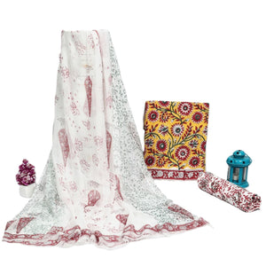 DRAVINAM Trends Hand Block Print Cambric Cotton Unstitched Salwar Suit Set for Women with Pure Chiffon Hand Printed Dupatta