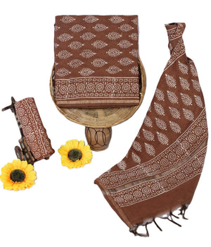 Women's Elegant Beige and Black Chanderi Block Printed Unstitched Salwar Suit Dress Material with Cotton Bottom & Zari Border Dupatta