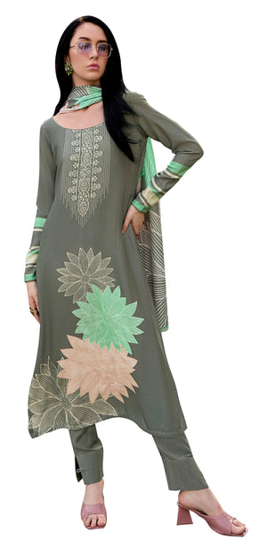 DRAVINAM Trends Women's Digital Printed Fancy Twill Wool Pashmina Winter Wear Zardosi Handwork Unstitch Salwar Suit Dress Material with Printed Shawl Dupatta